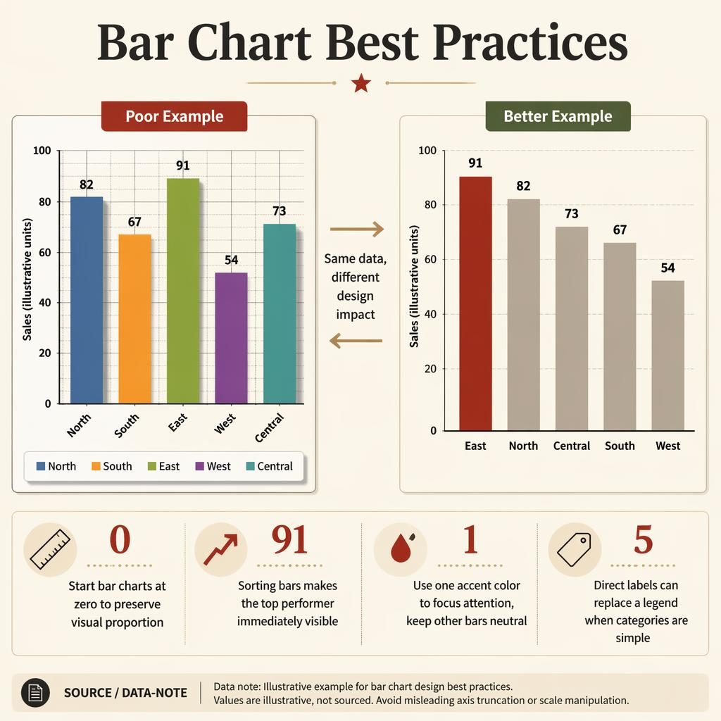 Editorial infographic comparing poor vs better bar chart design with the same sales data, callouts, and beige newsroom styling.