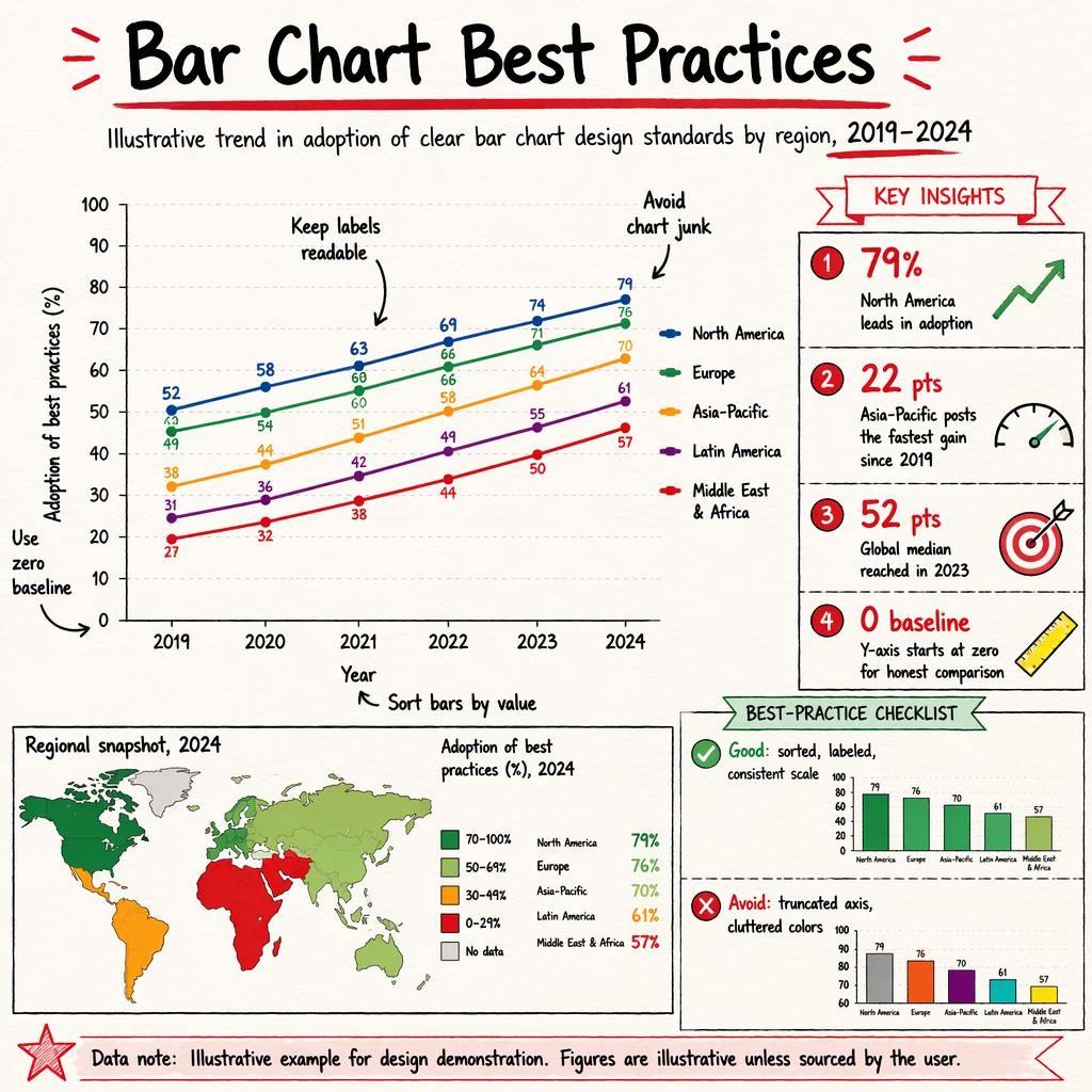 Infographic with a central trend line chart, regional map inset, callouts, checklist panel, and hand-annotated notes.