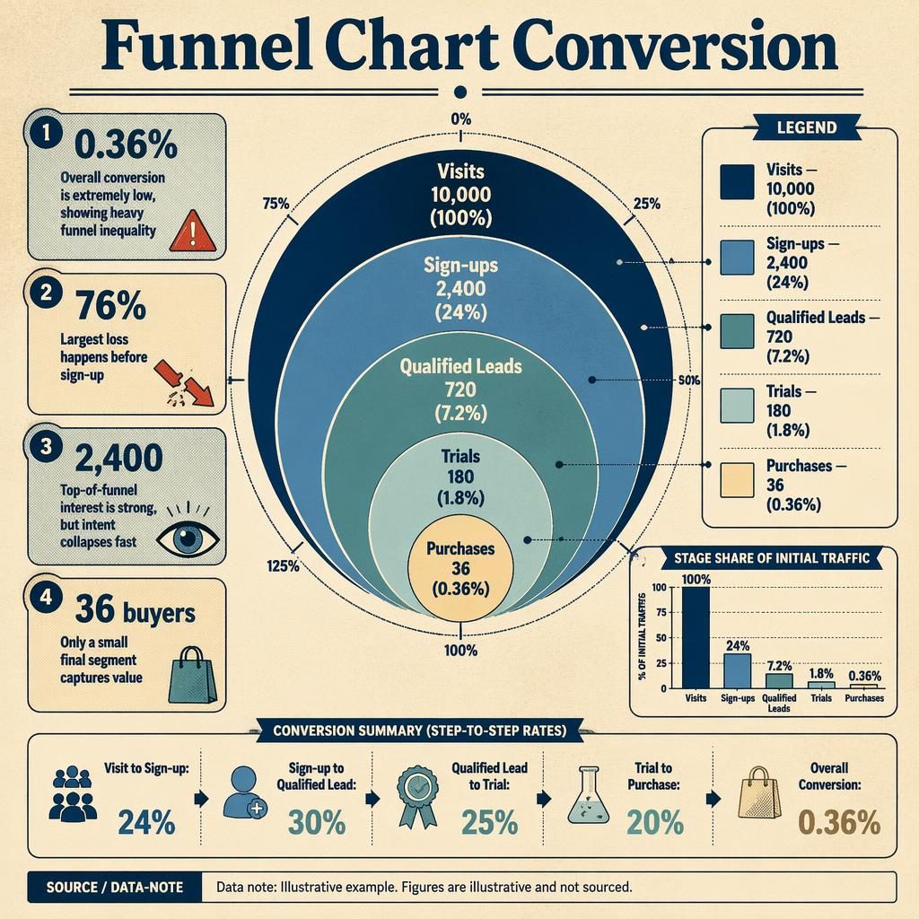 Retro-style multi-ring donut infographic showing funnel conversion drop-off from Visits 10,000 to Purchases 36.