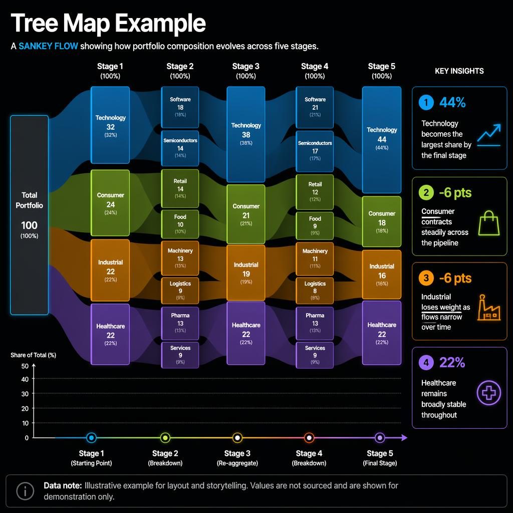 Dark-mode sankey infographic showing portfolio flow across 5 stages with sector bands, labels, axis ticks, and insight callouts.