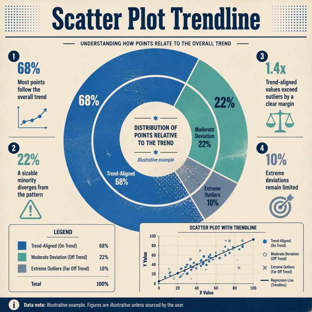 Retro dual-ring donut infographic with 68%, 22%, 10% slices and inset scatter plot trendline, blue and cream editorial style.