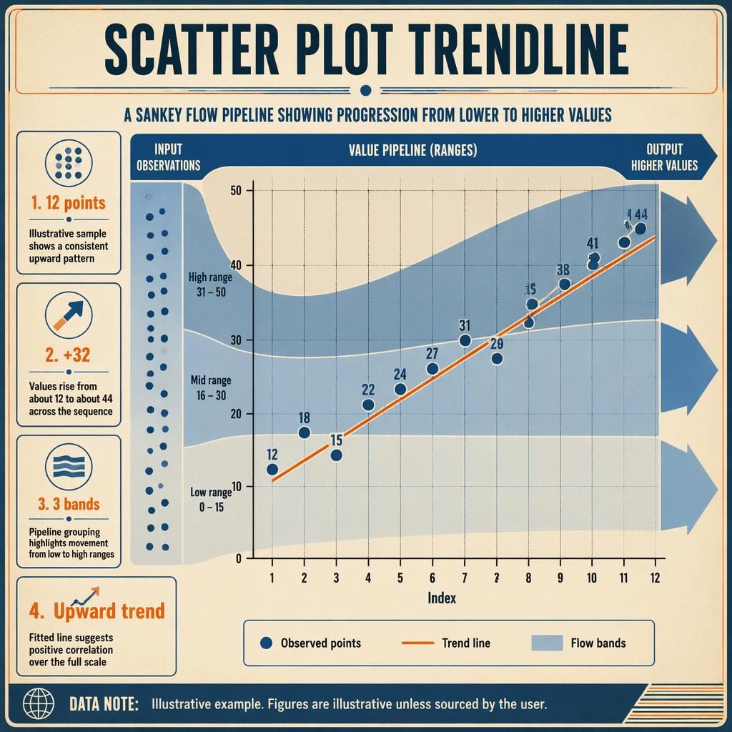 Retro data infographic with scatter plot, trend line, sankey-style flow bands, axes, legend, and four insight callouts.