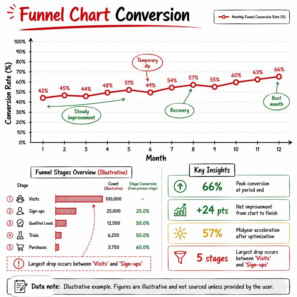 Hand-drawn style infographic with a bold monthly conversion trend line, funnel stage bars, and four insight callouts.