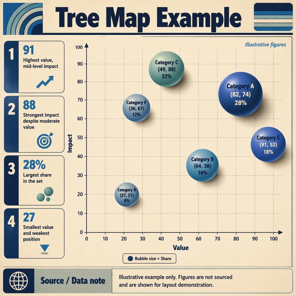 Retro-style quantitative data graph infographic with a bubble chart, six labeled categories, insight callouts, legend, and axes.