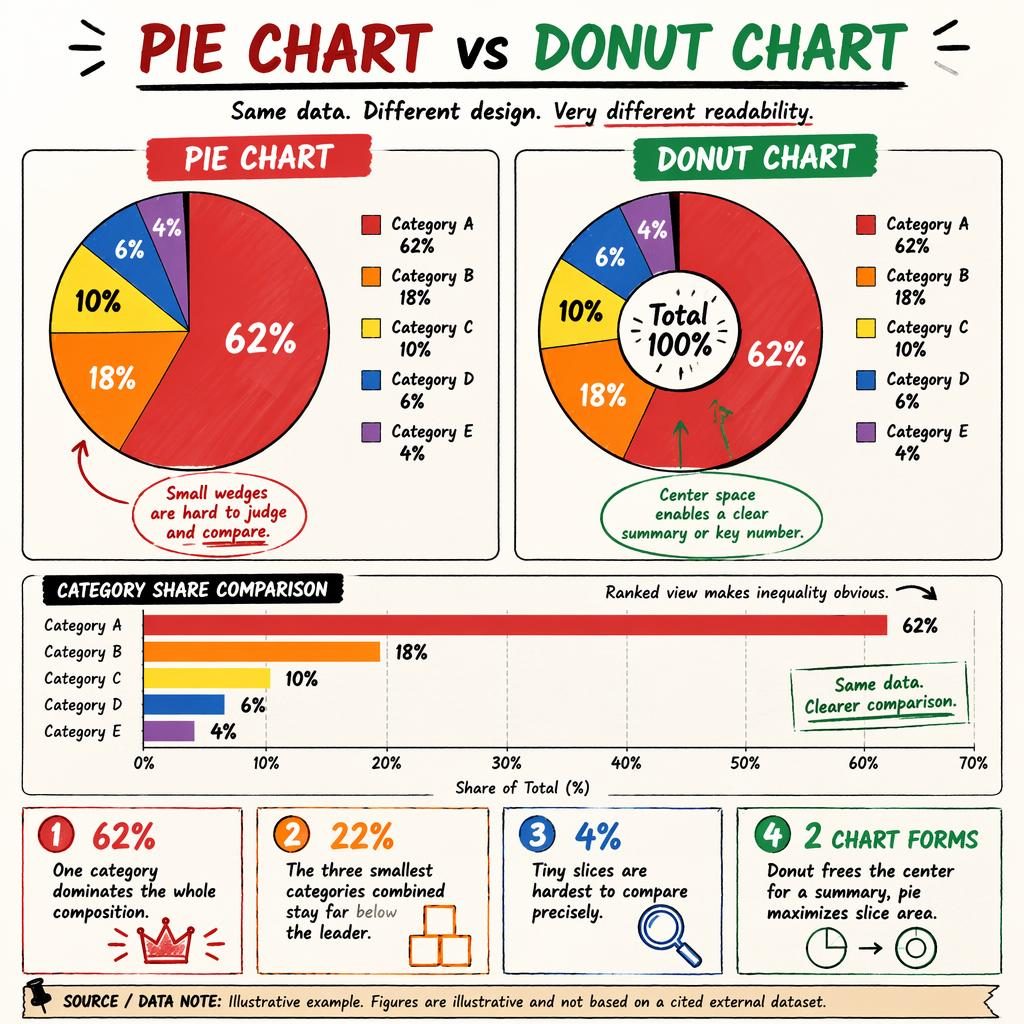 Infografika porovnává Pie Chart a Donut Chart s 5 kategoriemi, procenty, spodním sloupcovým grafem a ručními poznámkami.