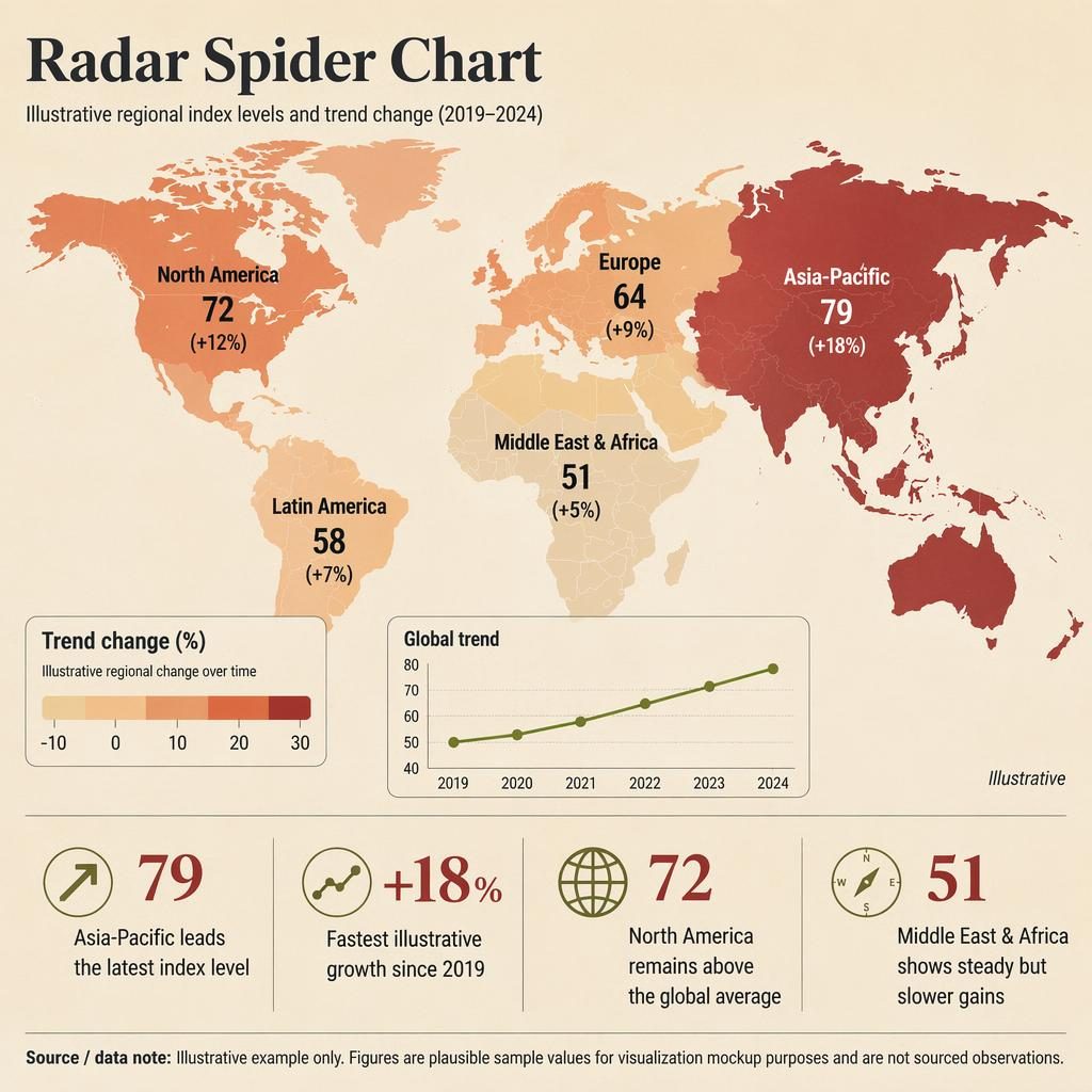 Editorial-style choropleth world map infographic with regional trend values, legend, mini line chart, and four insight callouts.