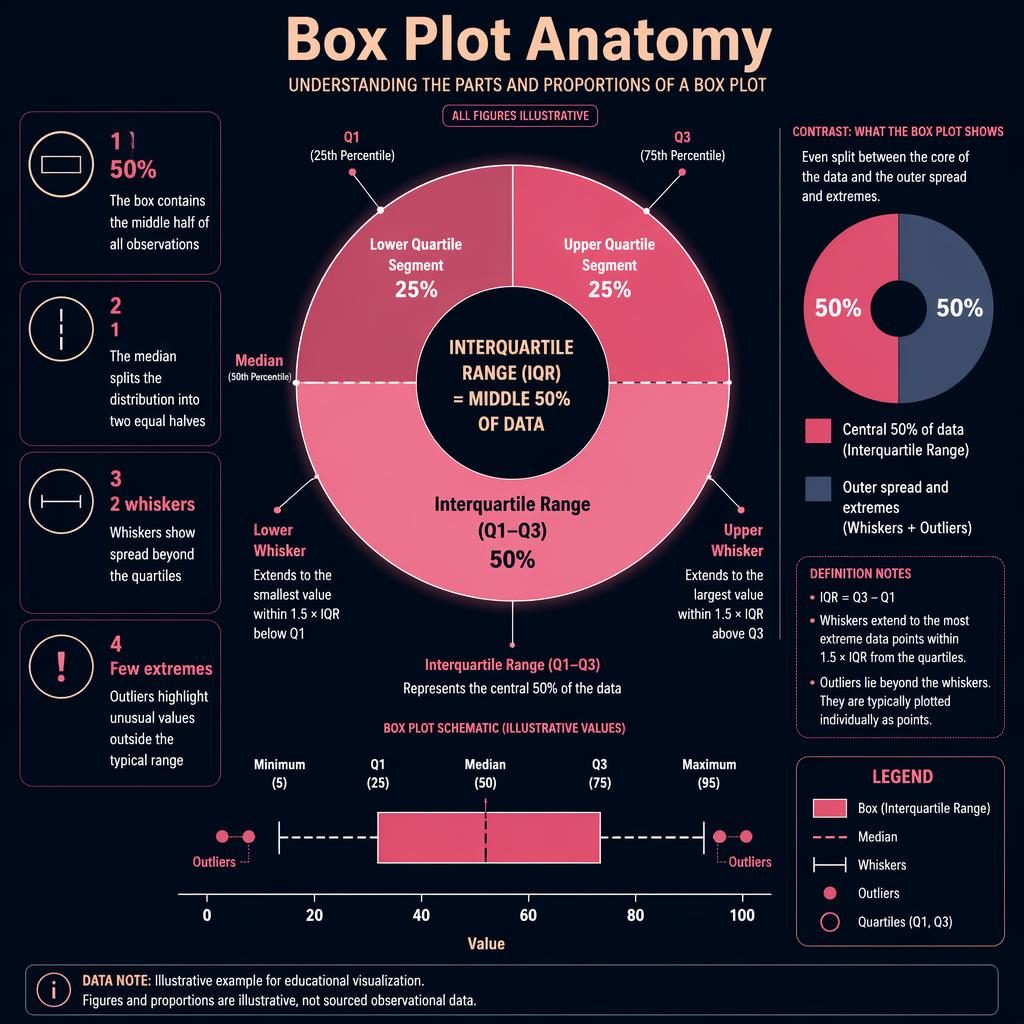 Dark dashboard infographic with a pink donut chart explaining box plot anatomy, labels, callouts, legend, and mini box plot.