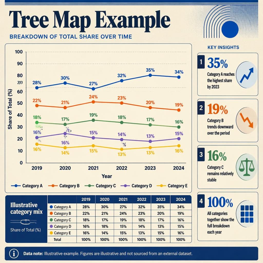 Retro editorial infographic with five category trend lines from 2019 to 2024, legend, callouts, and data table.