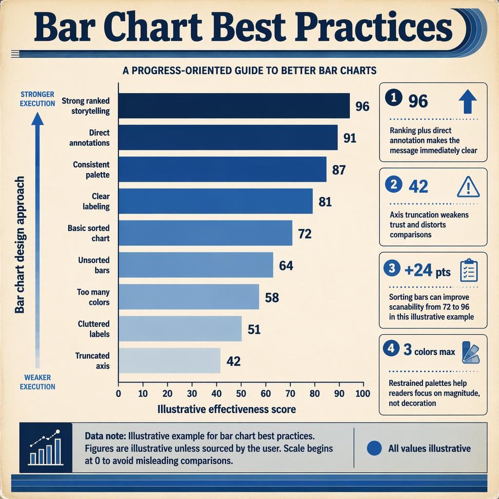 Retro-style ranked bar chart infographic showing bar chart best practices with illustrative scores from 42 to 96.