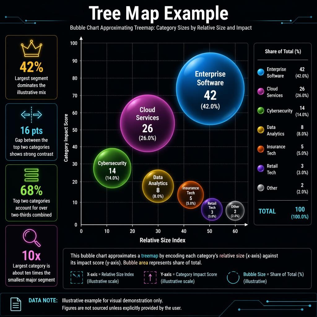 Dark neon infographic bubble chart titled Tree Map Example with labeled category bubbles, axes, legend, and 4 insight callouts.
