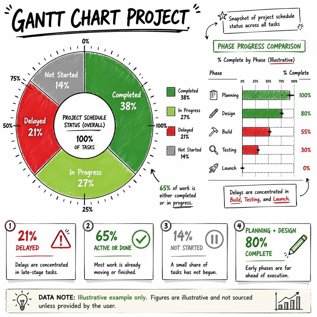 Handgezeichnete Donut-Infografik zum Projektstatus mit Segmenten für Completed, In Progress, Delayed und Not Started.
