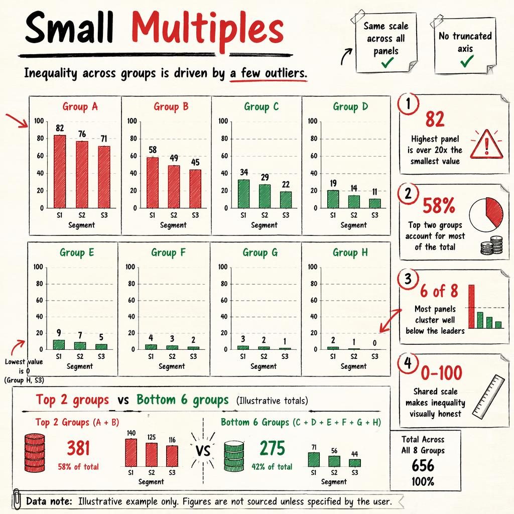 Infographic of 6 small-multiple column charts on a shared 0-100 scale, with inequality callouts, summary strip, and sketchnote style.