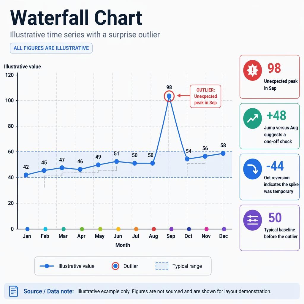 Line chart infographic from Jan to Dec with a Sep outlier at 98, four insight callouts, legend, and source note.
