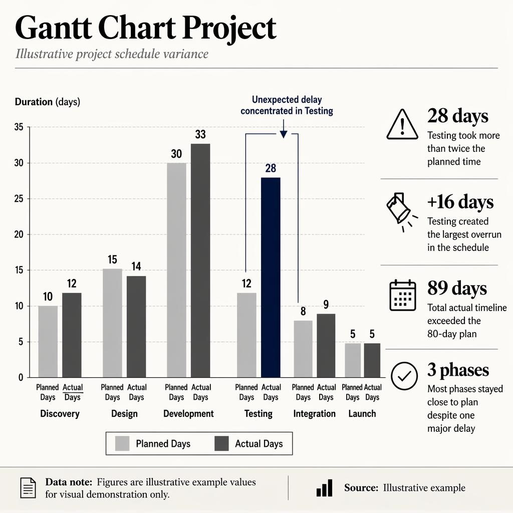 Monochrome comparison column chart of planned vs actual days by project phase, with Testing as a tall outlier.