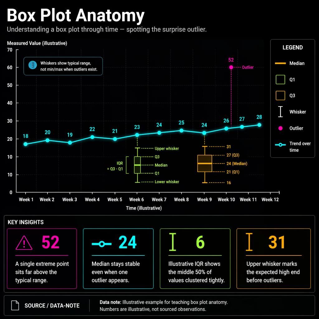 Dark neon infographic with a cyan trend line from Week 1 to Week 12, box plot overlays, and a magenta outlier at 52.