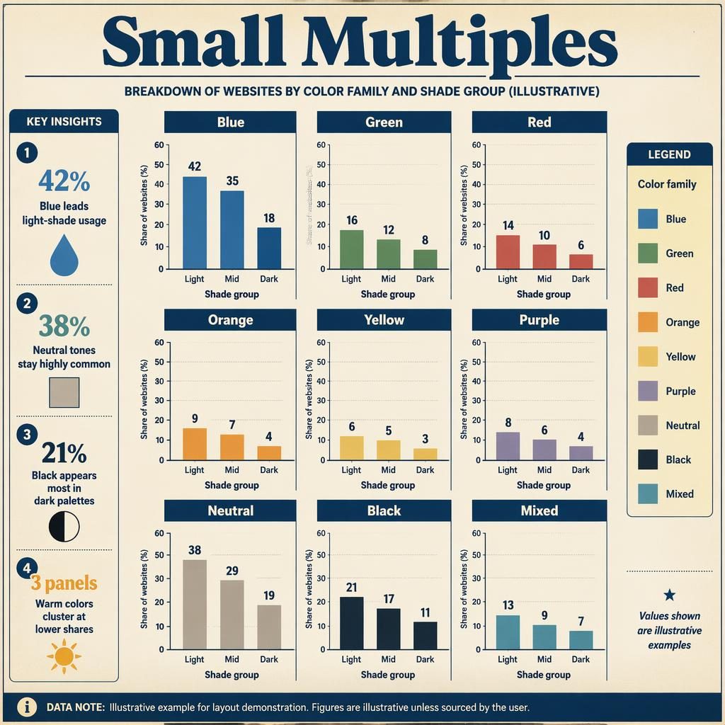 Retro editorial website color chart with a 3x3 grid of mini column charts, callouts, legend, and illustrative labels.