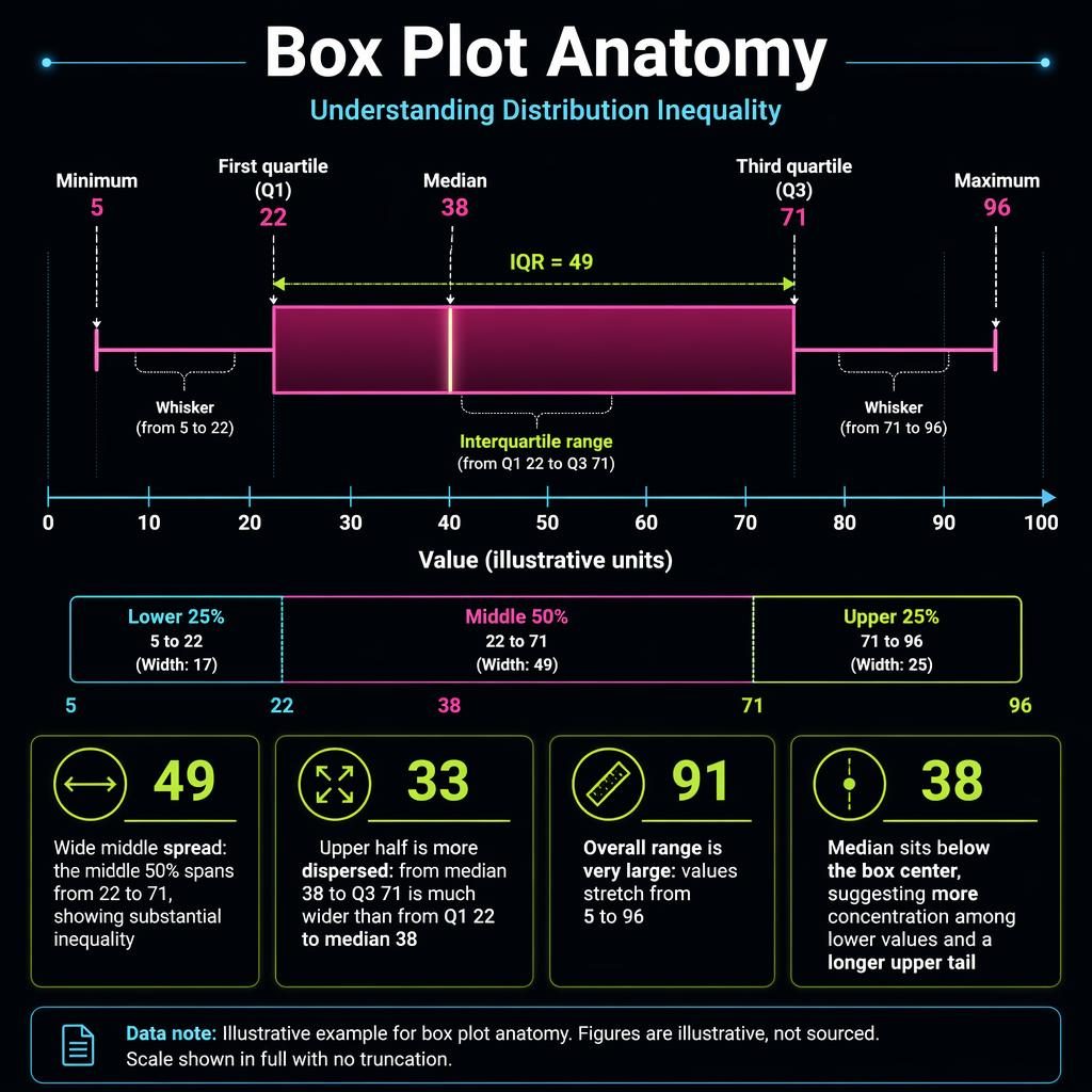 Dark mode infographic of a labeled box plot on a 0–100 axis with quartiles, whiskers, IQR callouts, and comparison bars.