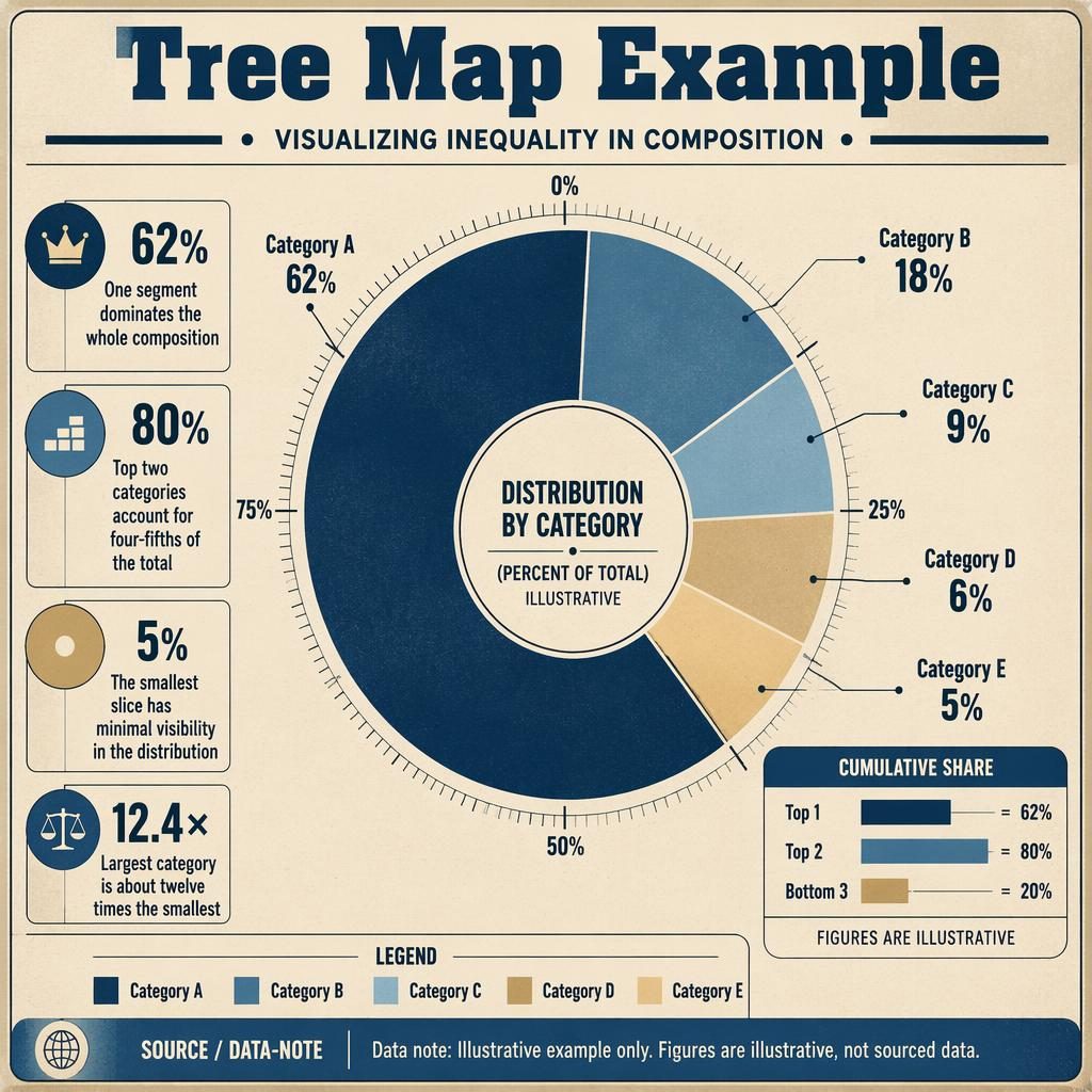 Retro donut chart infographic showing Category A 62% and smaller slices, with callouts, legend, mini-panel, and data note.