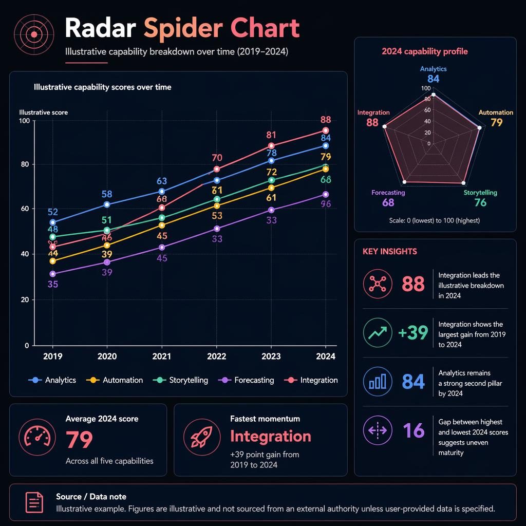 Dark dashboard infographic with 2019–2024 multi-series trend lines, inset radar chart, and 2024 capability callouts.