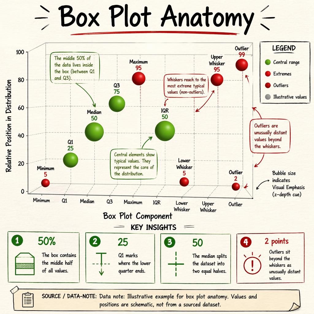3D bubble chart infographic explaining box plot anatomy with red and green labeled bubbles, callouts, legend, and notes.