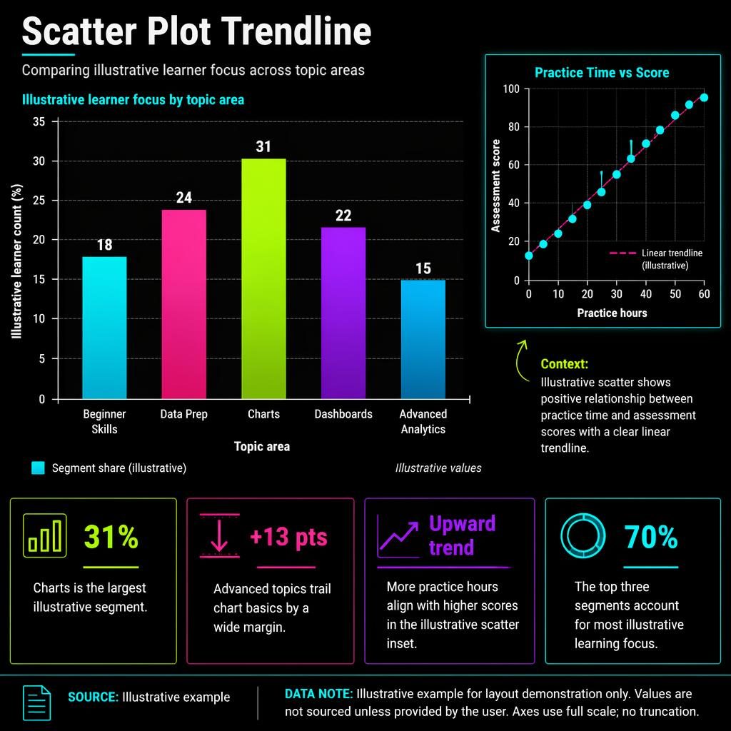 Dark neon infographic with 5 comparison columns, value labels, and a scatter plot trendline inset for learning topics.
