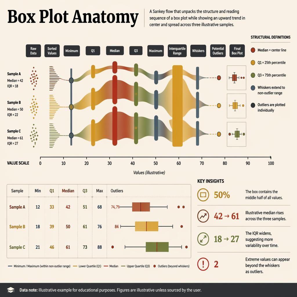 Infografía tipo sankey sobre anatomía del box plot con muestras A, B y C, eje 0–100, mediana, IQR, bigotes y outliers.