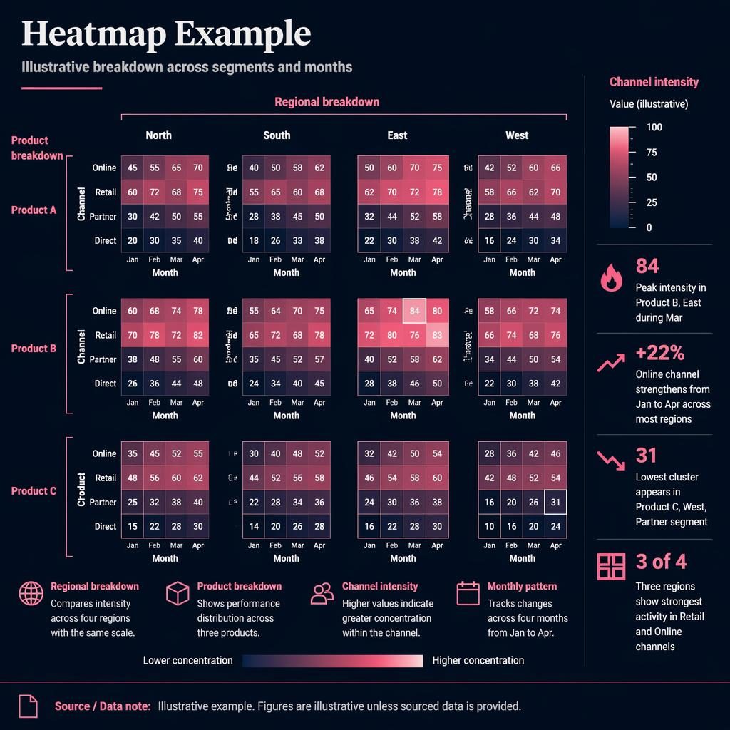 Dark dashboard infographic with a 4x3 small-multiples heatmap grid, pink-navy palette, legend, labels, and insight callouts.