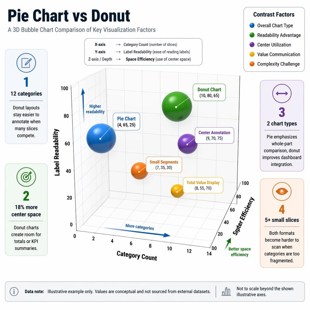 3D-style bubble chart infographic comparing Pie Chart vs Donut with labeled axes, callouts, legend, and data notes.