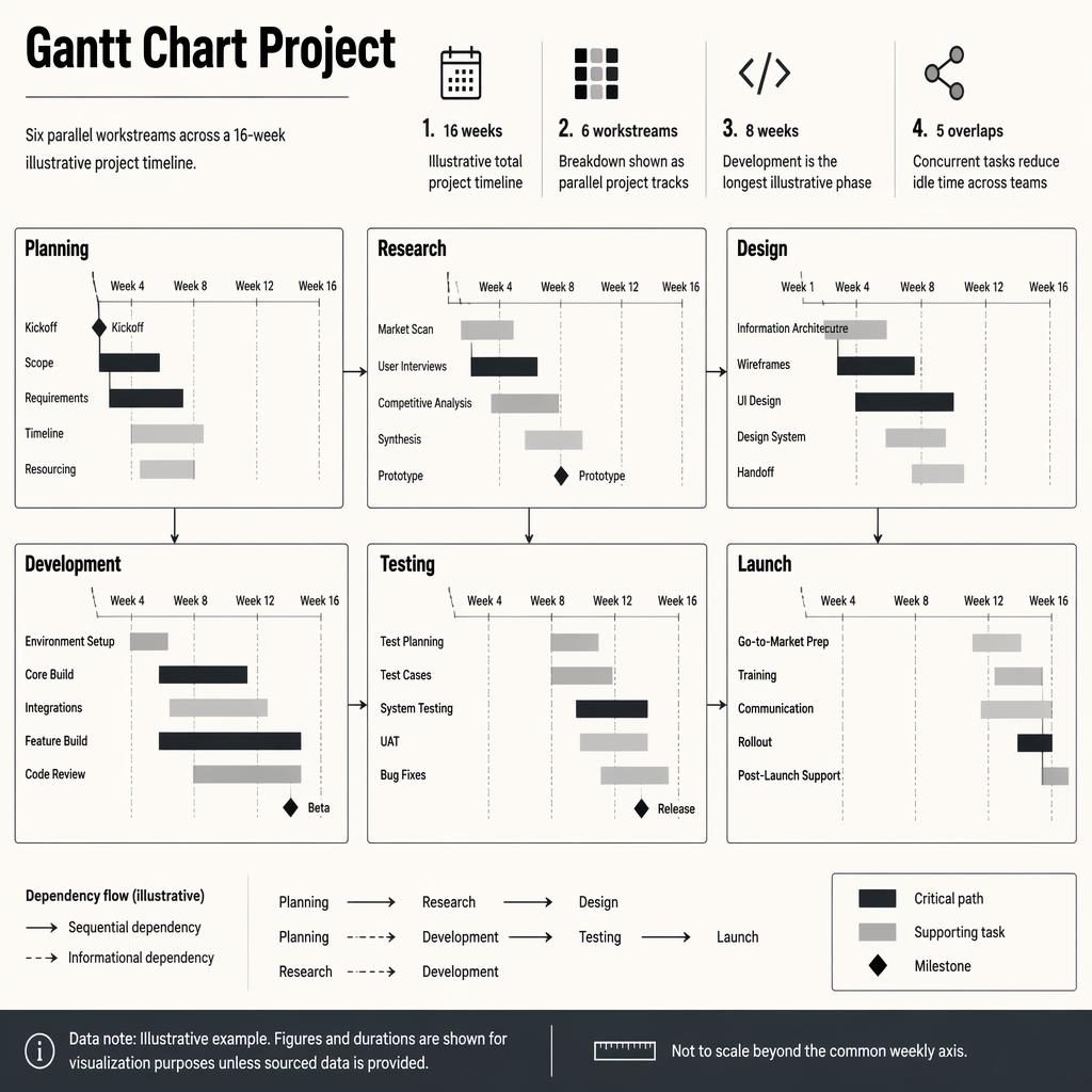 Monochrome data infographic with a 3x2 grid of mini Gantt charts across 16 weeks, workstreams, milestones, legend, and callouts.