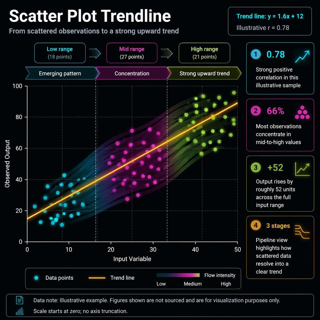 Dark neon infographic with scatter plot, upward trend line, sankey flow bands, axes, callouts, legend, and labels.