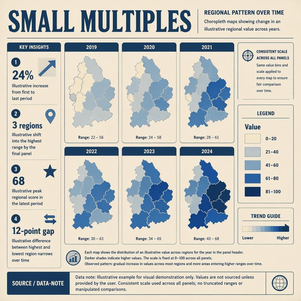 Retro editorial infographic with 6 small-multiple choropleth maps, time labels, legend, insight callouts, and data note.