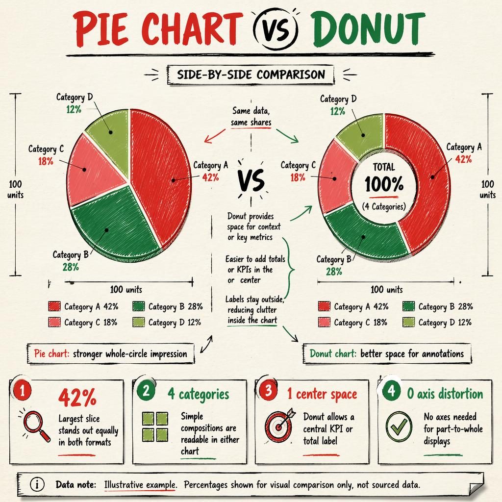 Plotly data infographic comparing pie and donut charts with labeled categories, callouts, legends, and hand-drawn notes.