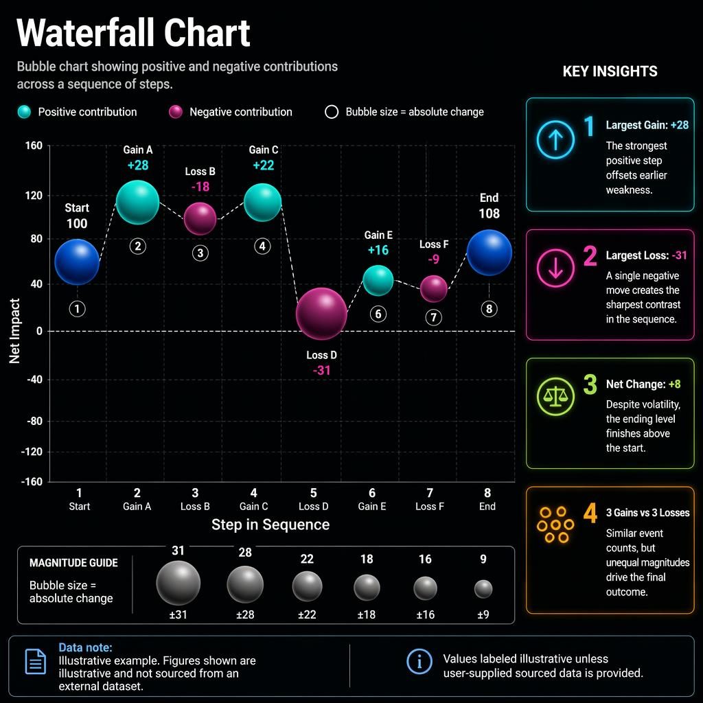 Dark neon bubble chart infographic showing waterfall-style gains and losses with labeled steps, legend, callouts, and axes.