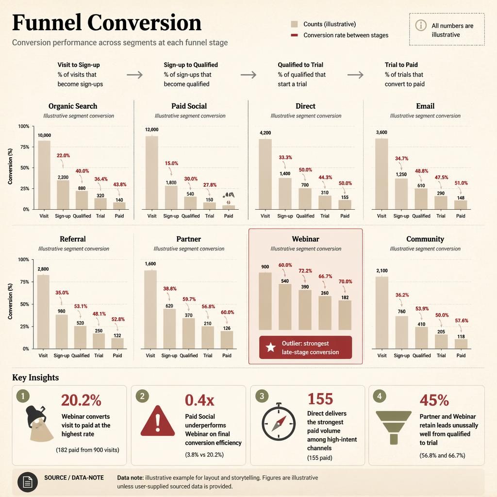 Editorial infographic grid of funnel conversion columns by segment, highlighting Webinar as an outlier with key callouts.