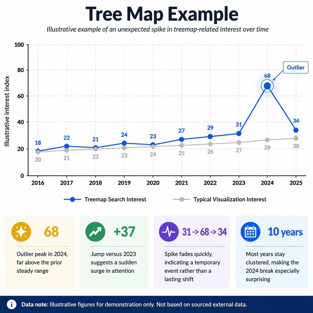 Clean treemap trend infographic from 2016 to 2025 showing a sharp 2024 outlier spike, callouts, legend, and benchmark line.