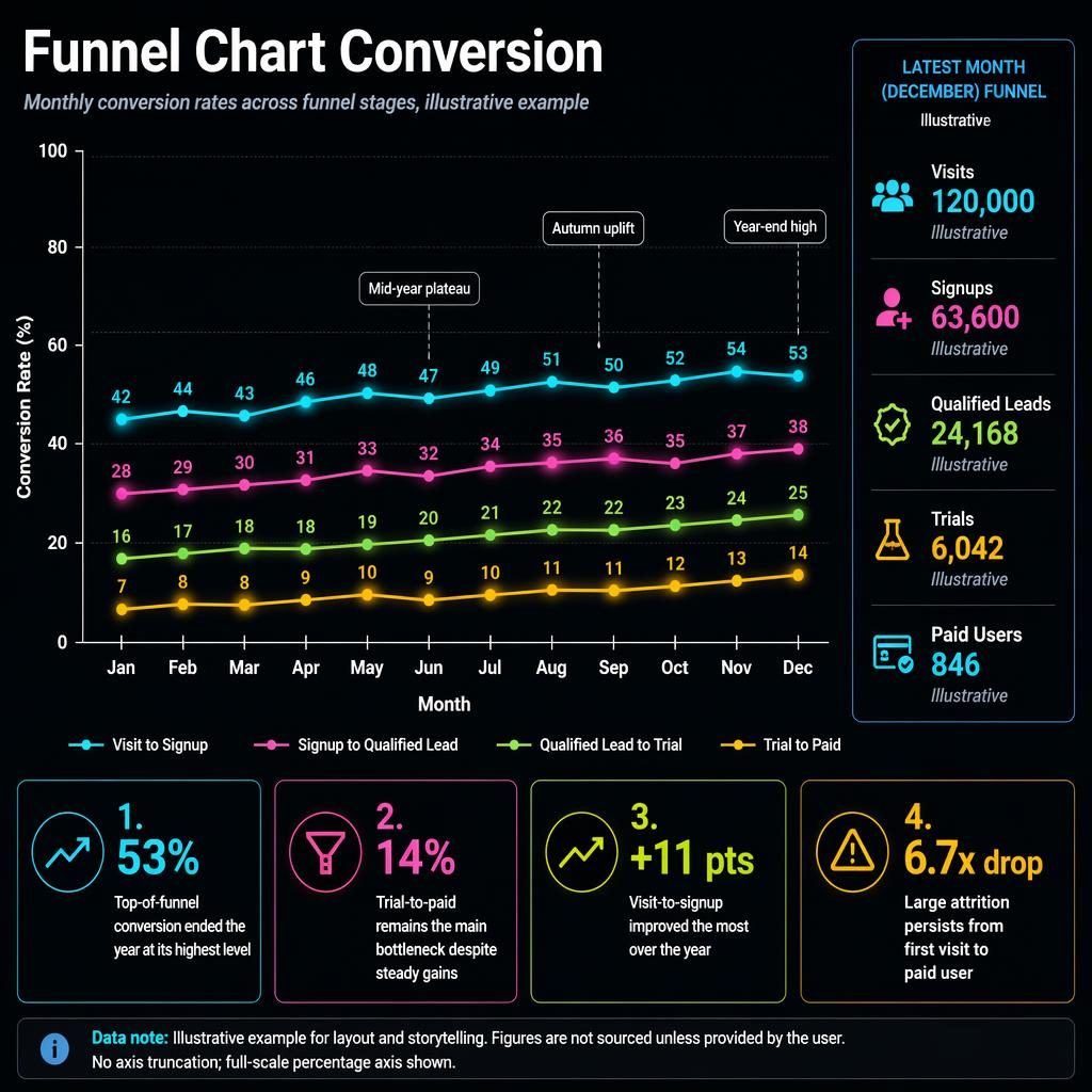 Dark mode funnel conversion infographic with four neon trend lines by month, 0 to 100% axis, legend, callouts, and panel.