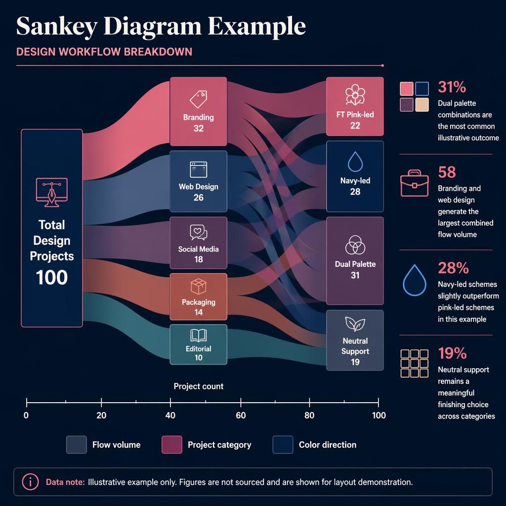 Dark editorial Sankey infographic showing design projects flowing into categories and color directions with callout stats.