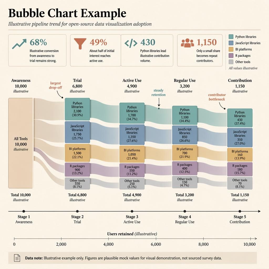 Editorial infographic with a central sankey flow showing open-source data visualization users across five stages.