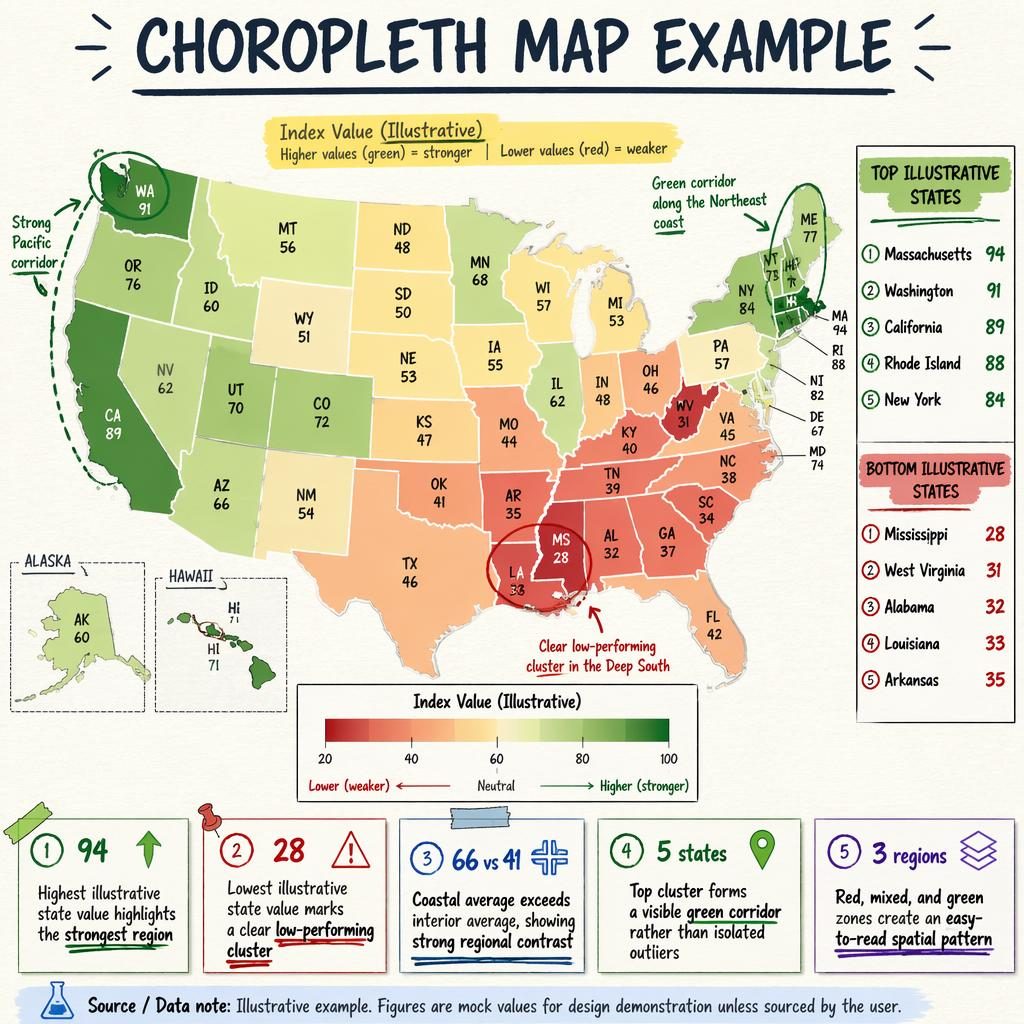 Hand-annotated US choropleth infographic with red-green Index Value scale, legend, callouts, and ranked state lists.