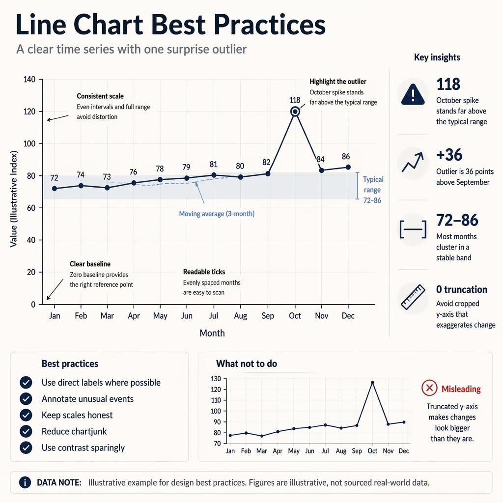 Editorial infographic with a 12-month line chart, October outlier at 118, annotations, best practices panel, and misleading axis example.
