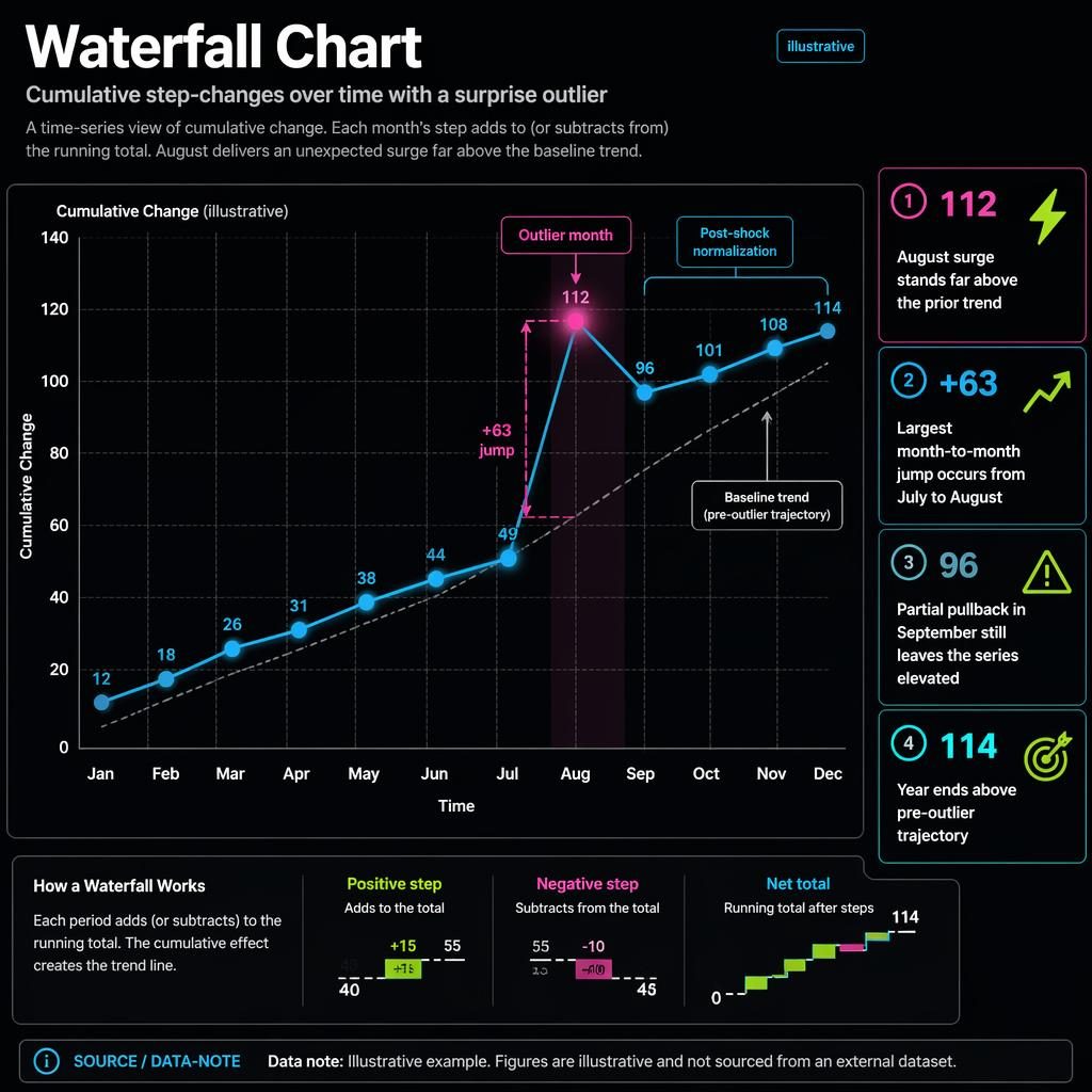 Dark editorial infographic with a cumulative trend line, August outlier spike, monthly axes, and a mini waterfall inset.