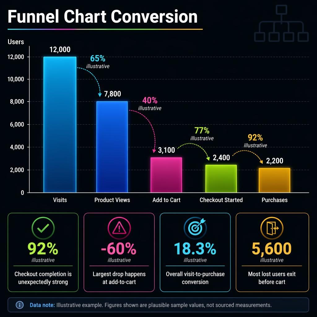 Dark mode funnel conversion infographic with comparison columns, English axis labels, neon callouts, and a faint google organigram motif.