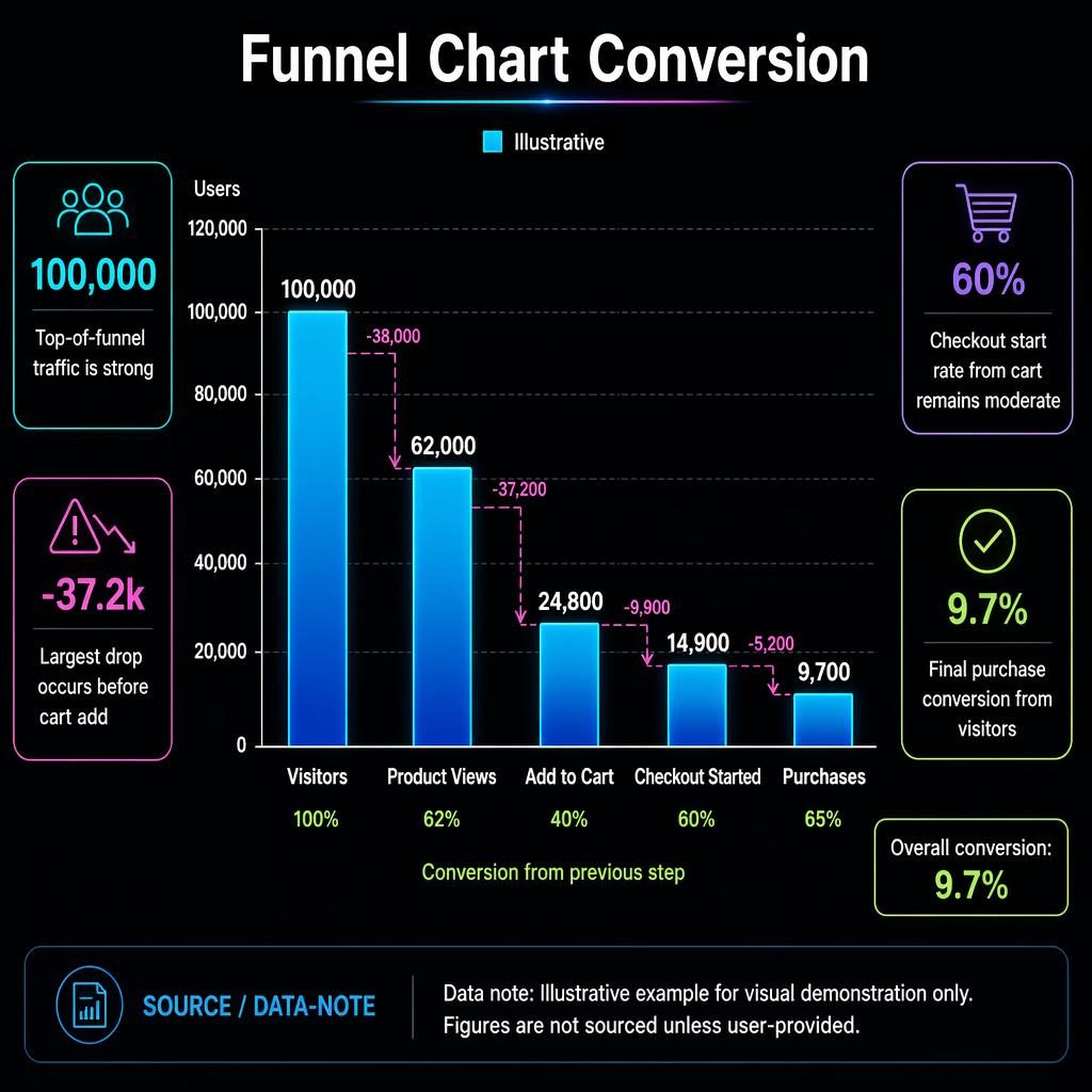 Dark mode infographic with 5 blue columns showing funnel conversion from Visitors to Purchases, callouts, arrows, and Users axis.