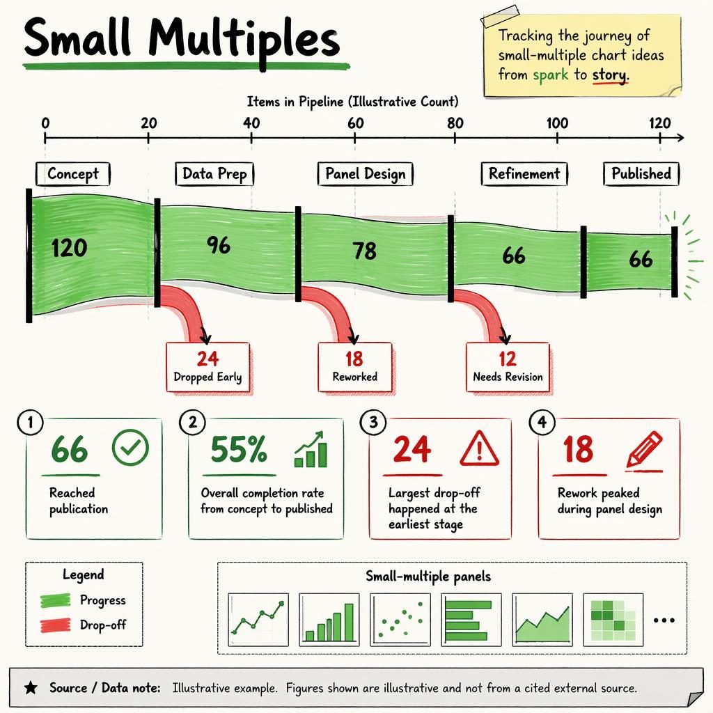 Hand-drawn style sankey infographic showing pipeline stages, drop-offs, callouts, legend, and small-multiple panels.