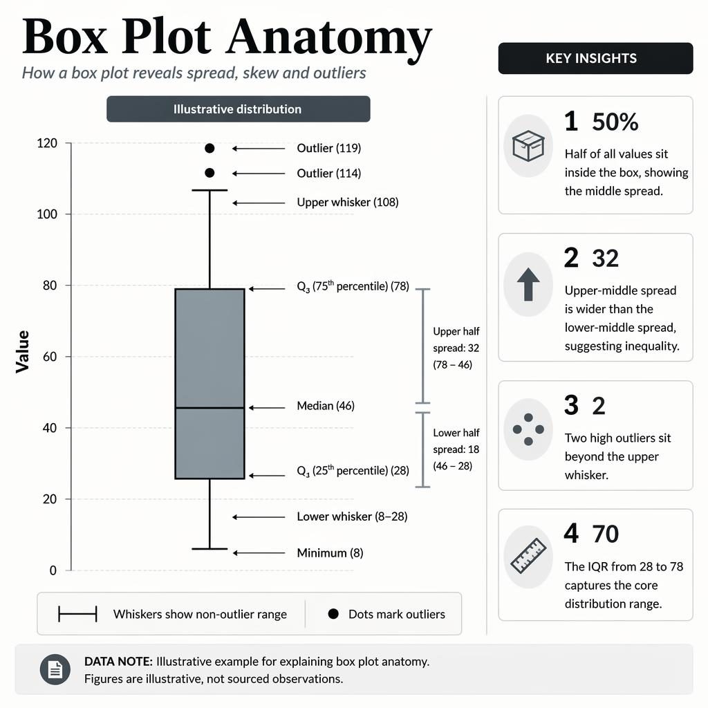 Editorial infographic of box plot anatomy with labeled quartiles, whiskers, outliers, side spread panel, and insights.