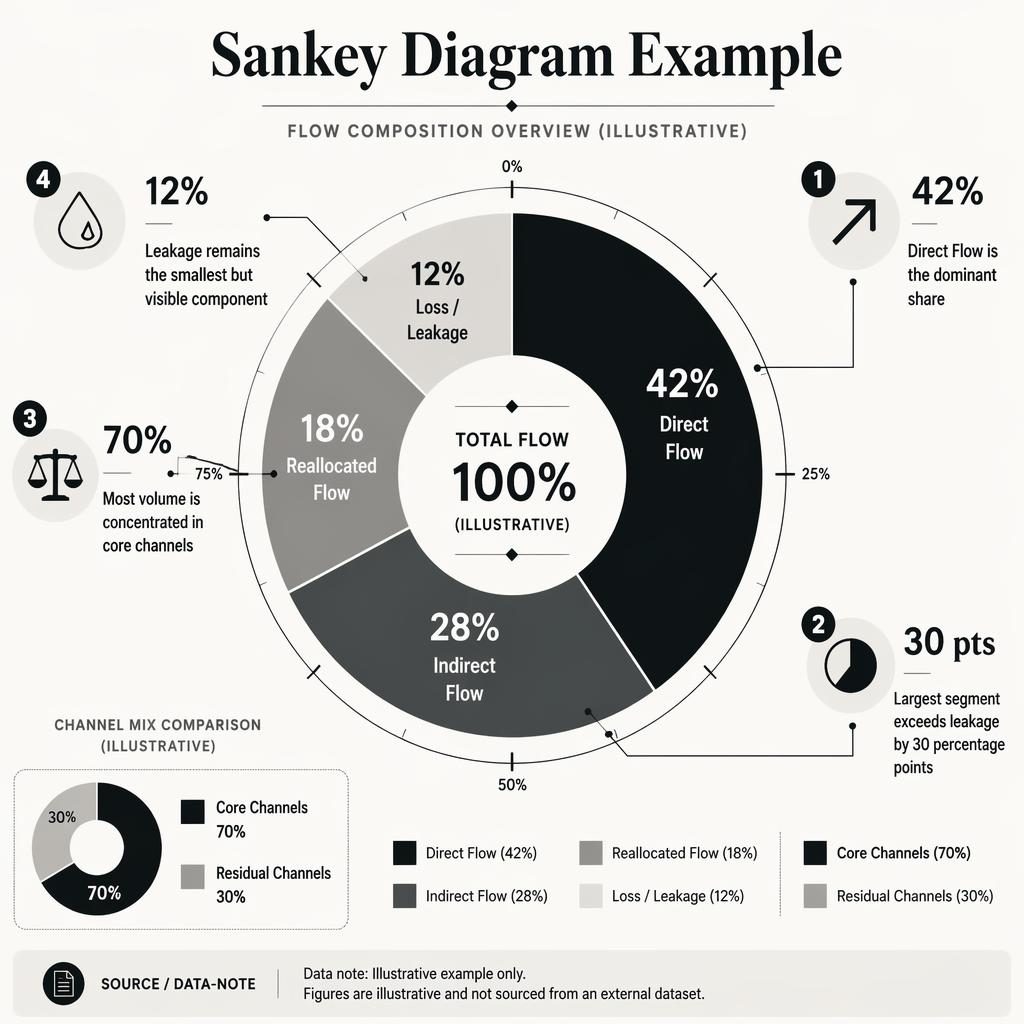 Monochrome infographic with a central donut chart, mini-donut inset, English labels, percentages, legend, and insight callouts.