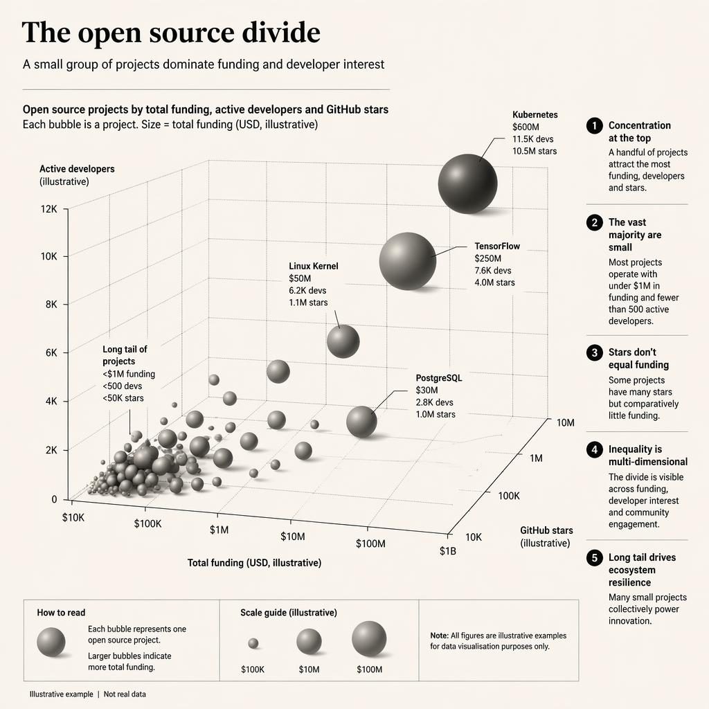 Monochrome bubble chart infographic showing inequality with labeled axes, varied bubble sizes, callout markers, and source note.