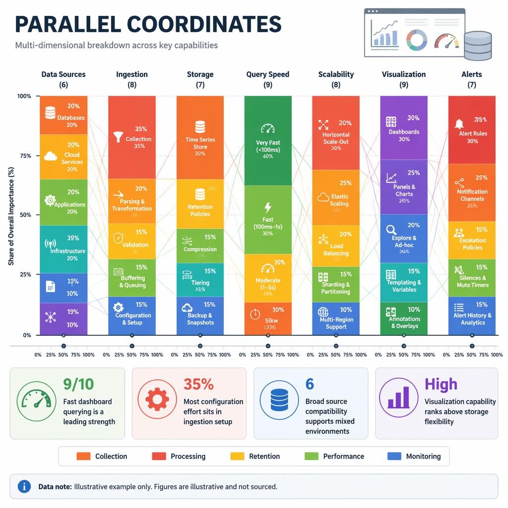 Parallel coordinates style infographic with comparison columns for data sources, ingestion, storage, query speed and alerts.