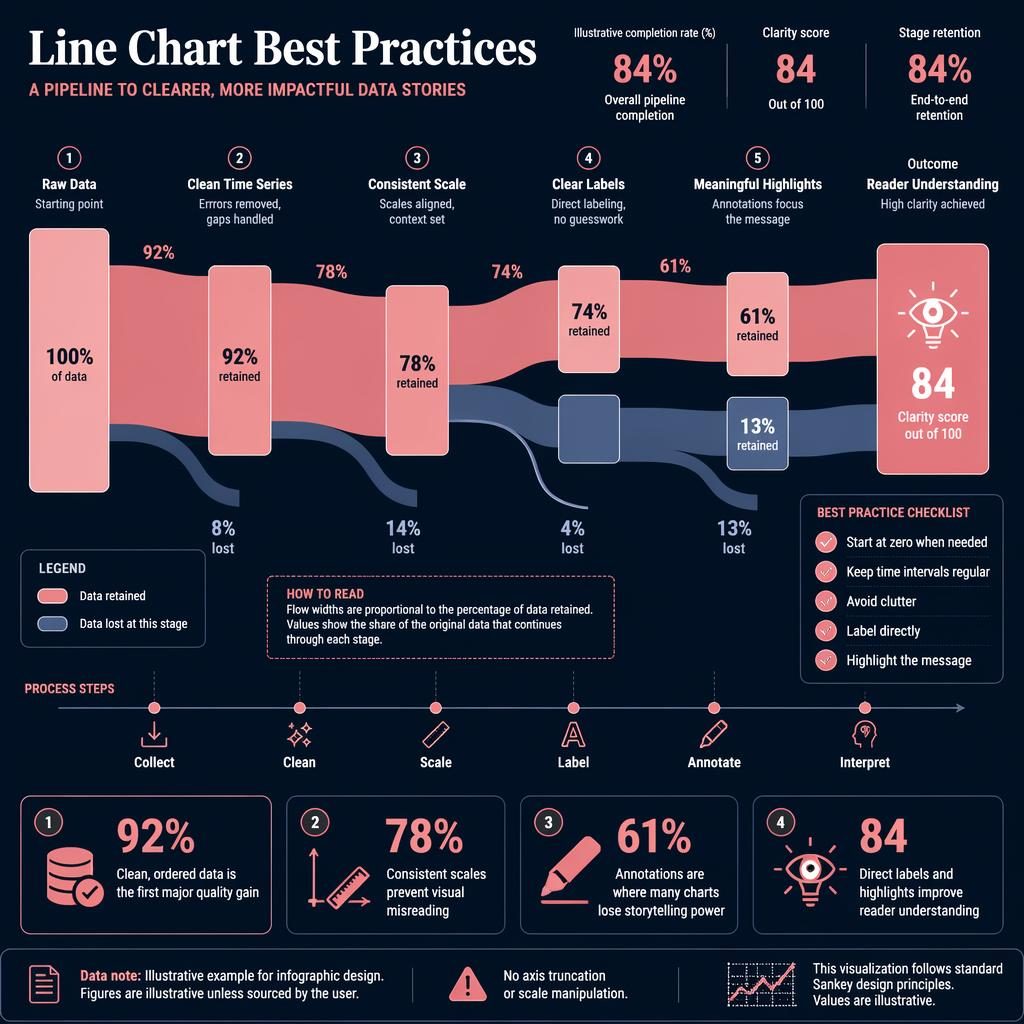 Infographie dashboard sombre avec grand diagramme sankey rose et marine sur les bonnes pratiques de line chart.
