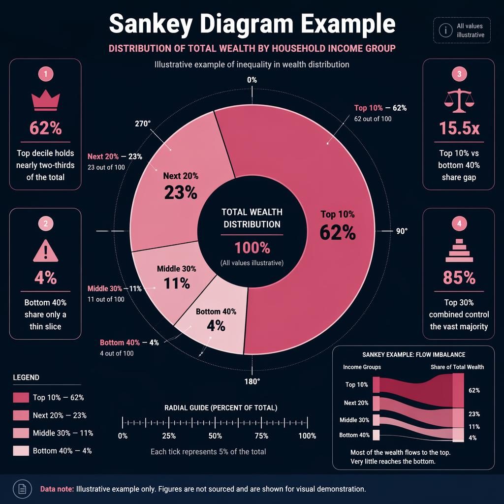 Dark navy infographic with a large pink donut chart showing unequal shares, labeled segments, callouts, and a small sankey inset.